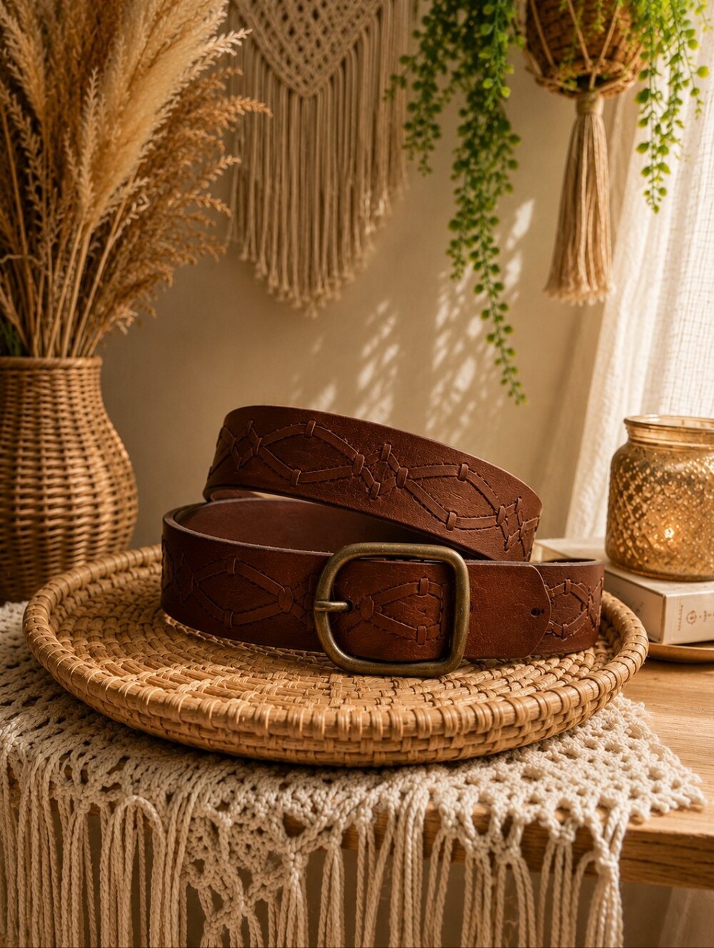 Women's  Brown Embossed Leather Belt with Antique Brass Buckle XXS
